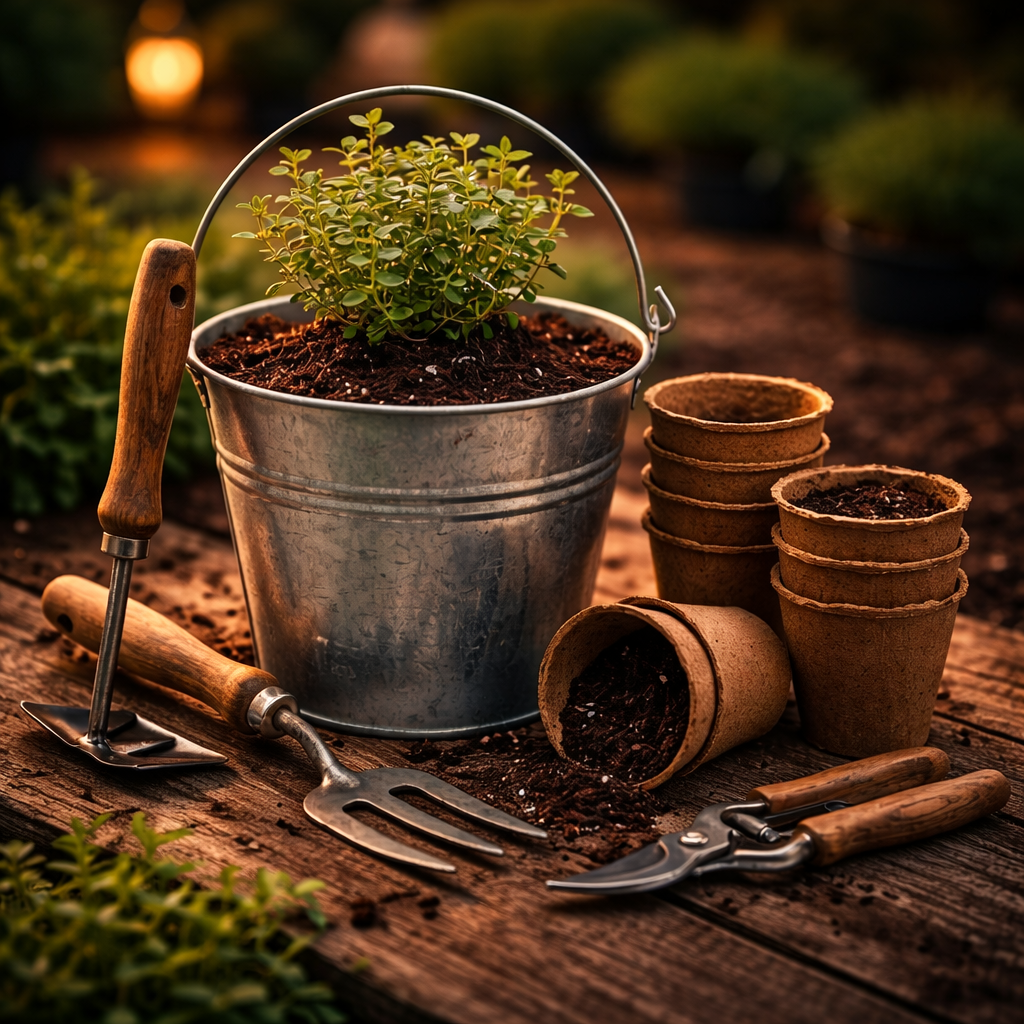 Gardening tools and plants